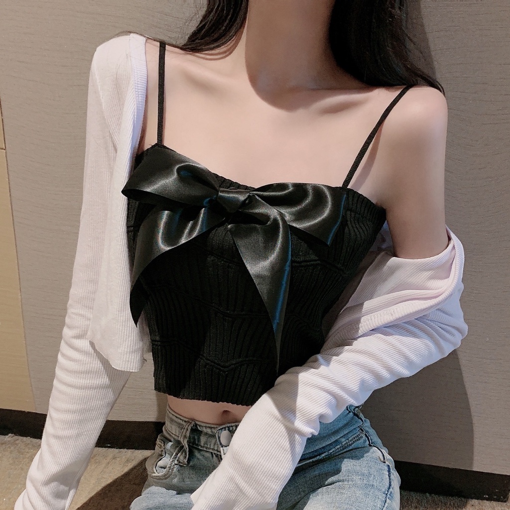 Áo hai dây dệt kim ZHELIHANGFEI đính nơ gợi cảm điệu đà