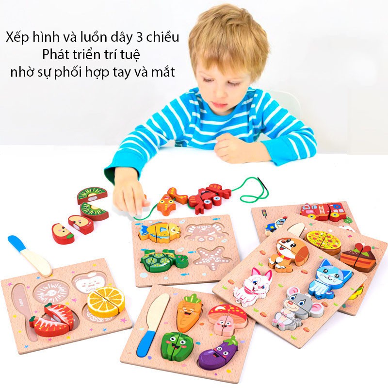 (mẫu mới) Đồ Chơi Gỗ Tập Cắt Và Luồn Dây 3 chiều cho bé - Đồ chơi gỗ Montessori