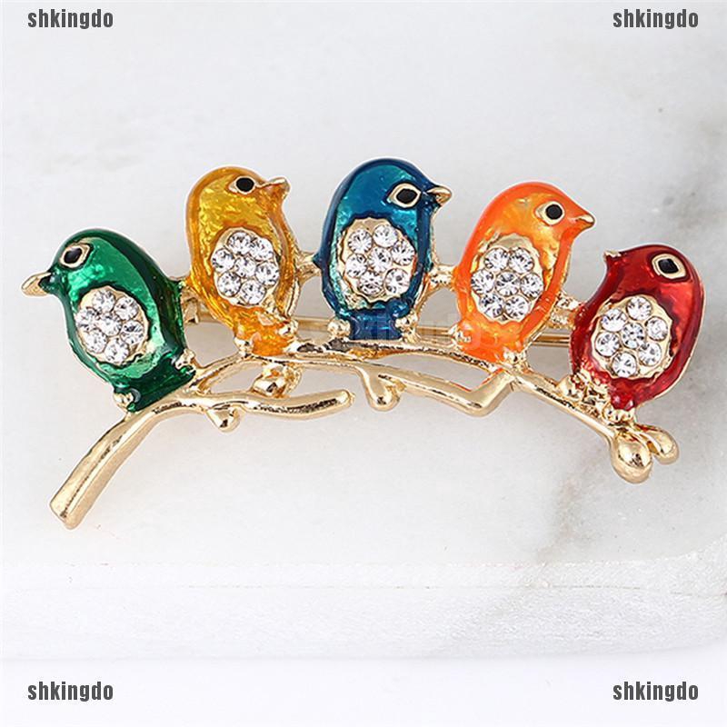 THINH Huy Hiệu Cài Áo Hình Chim Tráng Men 5 Ngăn Đính Đá Pha Lê