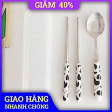 Set đũa, thìa, dĩa inox cao cấp cán sứ họa tiết bò sữa cute kèm hộp đựng tiện ích