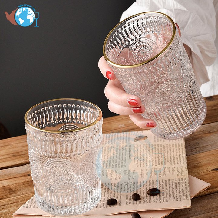 Ly thuỷ tinh cao VIỀN VÀNG 350ML Deli Vintage Glass , cốc thủy tinh Mặt trời loại lớn theo phong cách Châu Âu