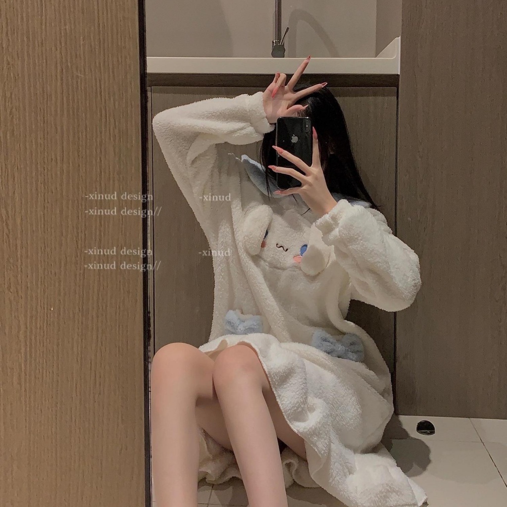 Đầm ngủ vải lông cừu san hô phong cách nhân vật hoạt hình Cinnamoroll thời trang thu đông Hàn Quốc dễ thương cho nữ