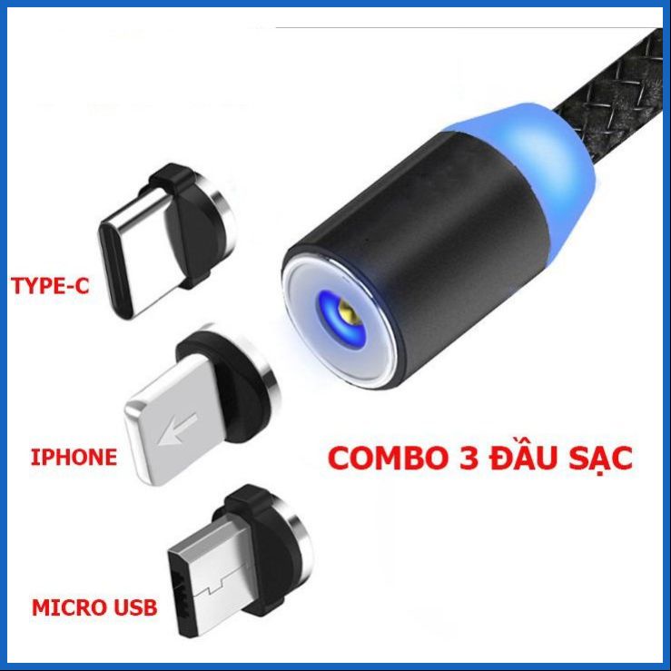 Dây Sạc Nam Châm Xoay 360 Độ Dây Dù Có LED Cao Cấp 3 Đầu Iphone - micro USB - Type C