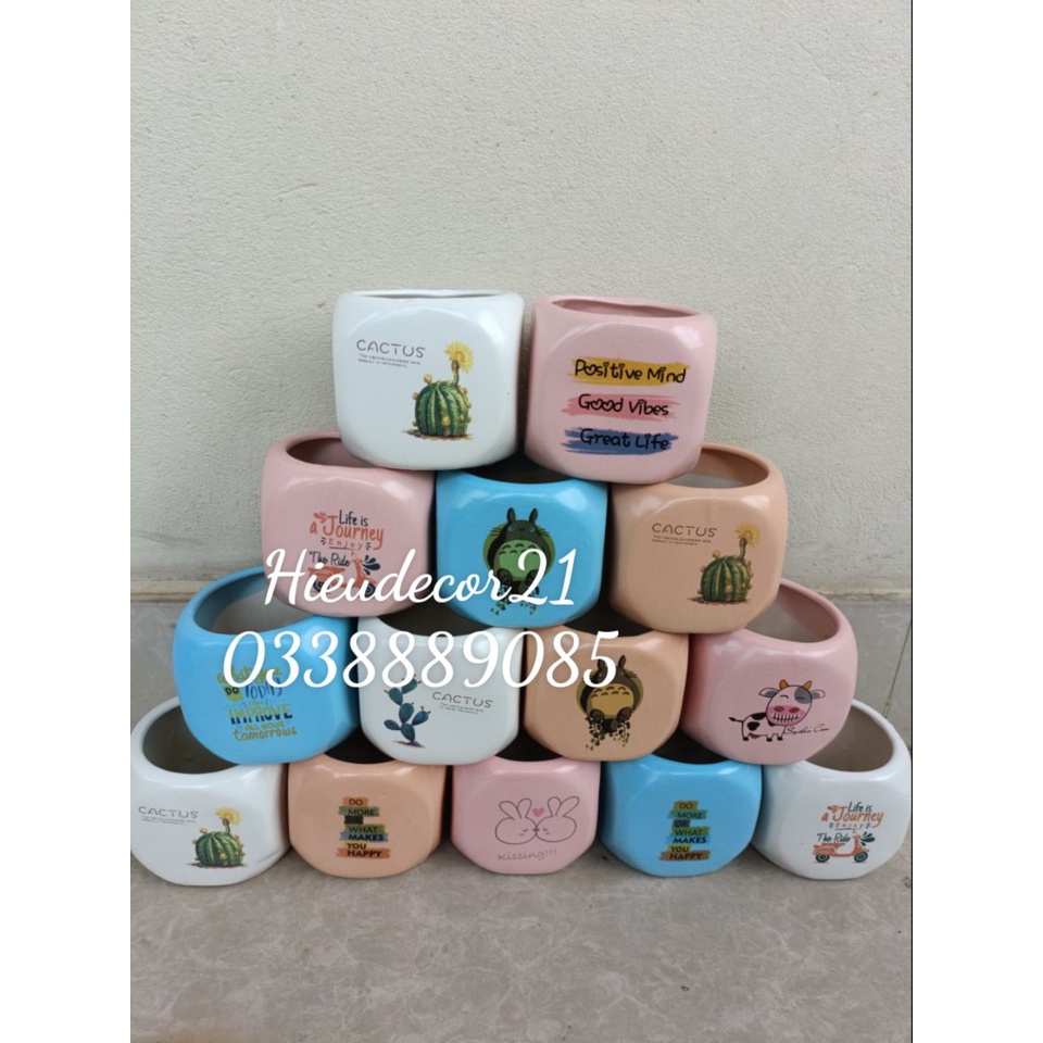 Chậu sứ bát tràng hộp vuông in hình cute trồng xương rồng, sen đá, derco siêu đẹp.