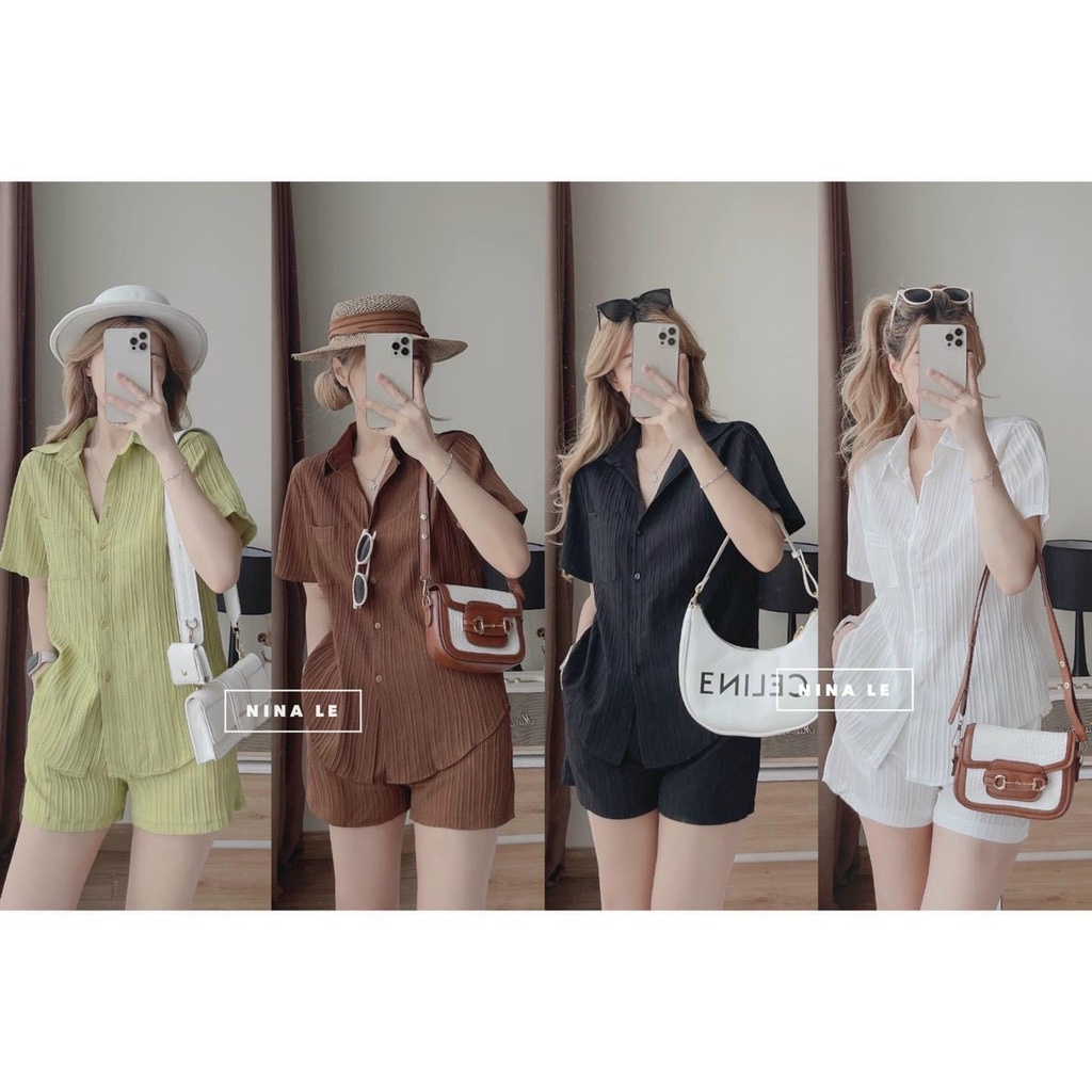 Sét bộ áo sơ mi đũi xốp sọc nút cài sau cột nơ phối quần đùi xinh xắn thời trang nữ thiết kế đa phong cách