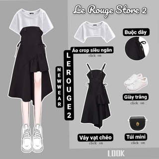 (ORDER) Set bộ thời trang nữ áo mini croptop ngắn tay trắng + váy yếm hai dây vạt chéo màu đen tôn dáng có size