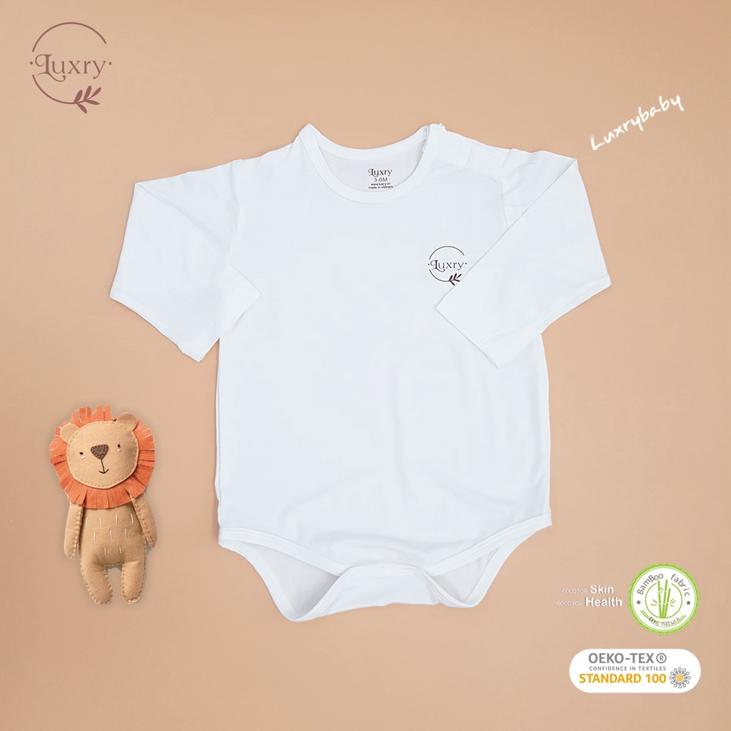 Bộ đồ liền thân body chip dài tay trắng trơn nhà Luxry chất vải sợi tre mềm mịn cho trẻ sơ sinh
