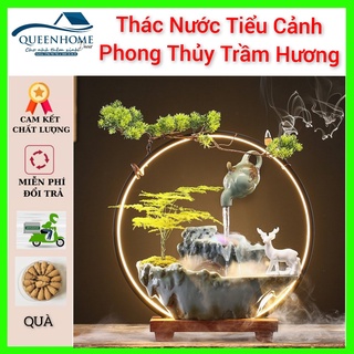 Thác Khói Trầm Hương Tiểu Cảnh Thác Nước Phong Thủy cao cấp có đèn Led, Bình trà có đài phun nước tự động đầy nghệ thật