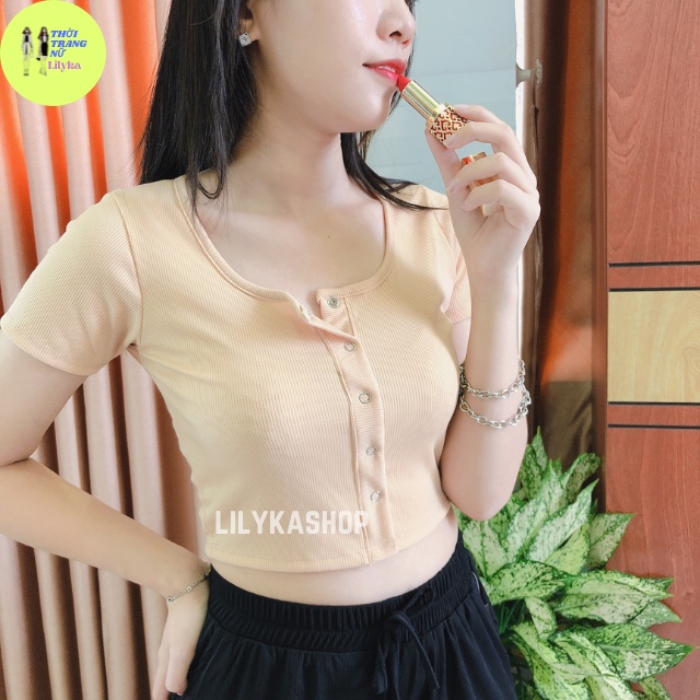 Áo croptop nữ cổ tròn có nút tay ngắn chất thun gân ôm body Lilykashop AC04