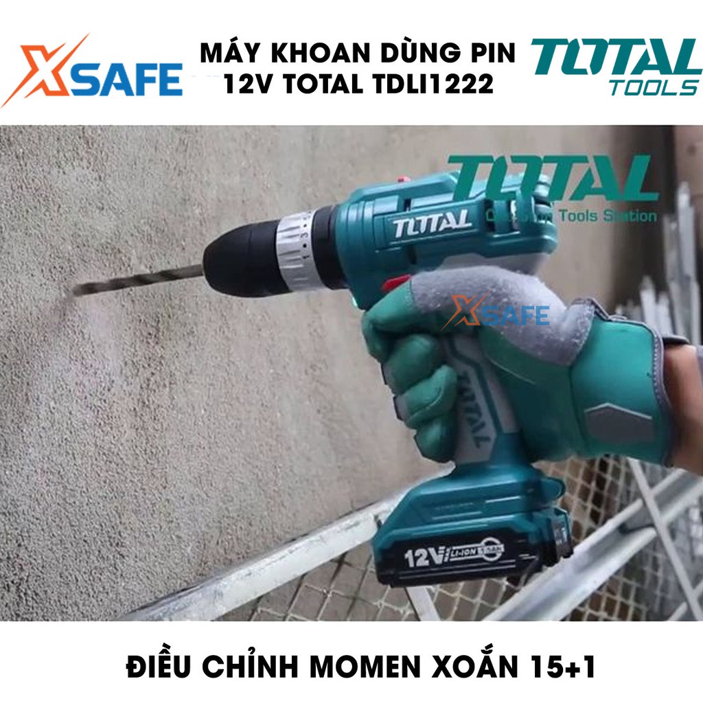 Máy khoan pin cầm tay 12V 10mm Total TDLI1222 tốc độ 1350v/p, lực siết 25nm, khả năng khoan 10mm, nhông 2 tốc độ - xsafe