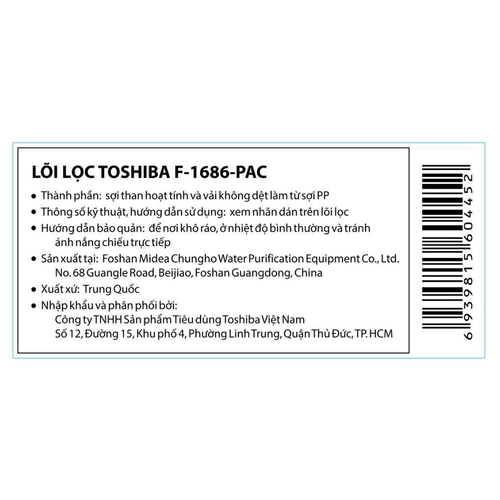 Lõi lọc nước Toshiba F-1686-PAC (Bộ lọc kết hợp PAC cho model TWP-N1686UV, TWP-N1843SV) - Hàng chính hãng