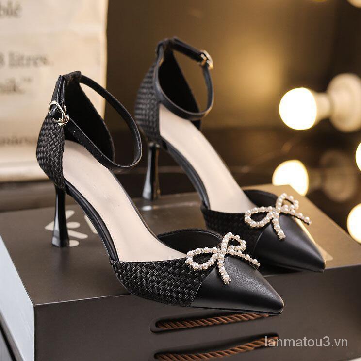 Women's Pearl Bow High Heels Chanel-Style2021Women's Evening Dress Ankle-Strap Shoes Stiletto Heel Elegant