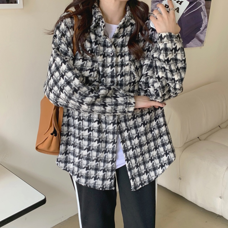 Áo Khoác Tay Dài Dáng Rộng Sọc Ca Rô Thời Trang Vintage Hàn Quốc Cá Tính