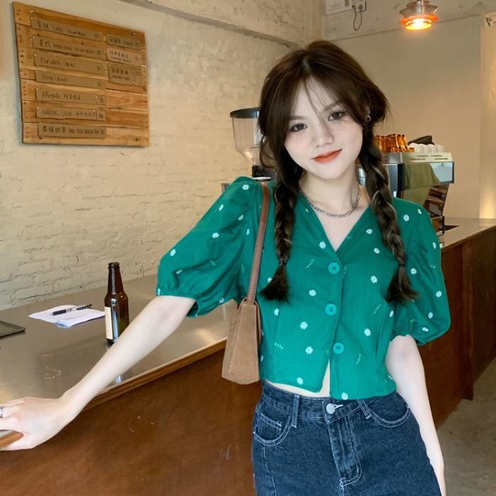 Áo Cardigan Tay Phồng Cổ Chữ V Họa Tiết Hoa Cúc Phong Cách Kiểu Pháp Cổ Điển Duyên Dáng