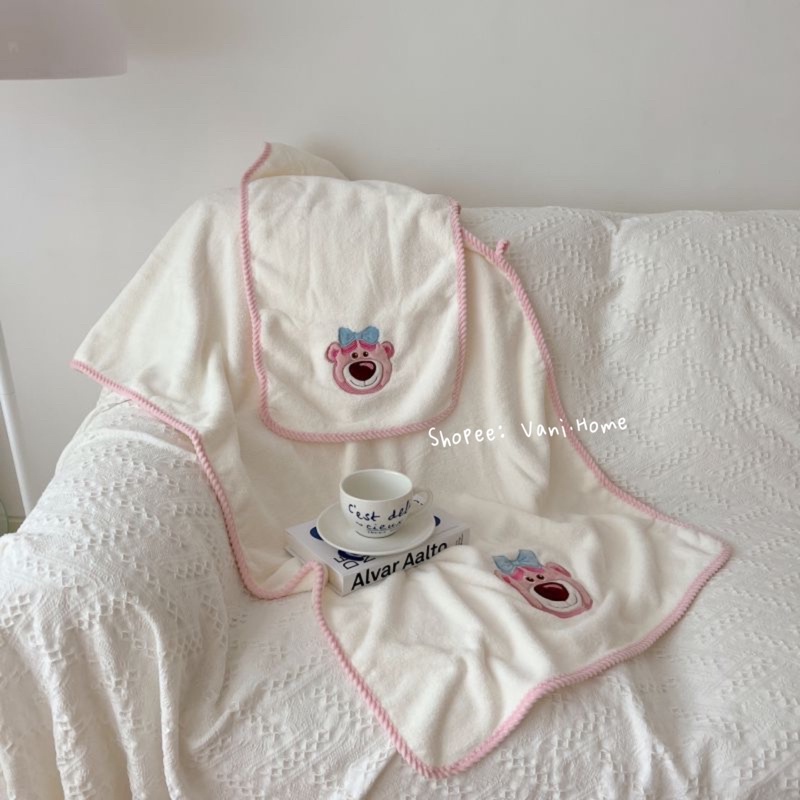 Set 2 khăn tắm gấu dâu LOSTO siêu mềm mịn thấm hút tốt kèm túi Zip - Bộ 2 món khăn mặt & khăn tắm Hàn Quốc hình gấu hồng