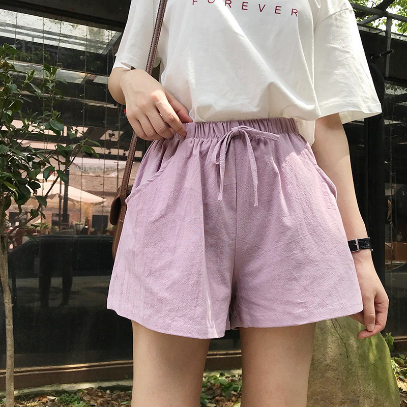 Quần short vải nữ đũi ống rộng mặc nhà cạp cao bigsize GUPO STORE WS34