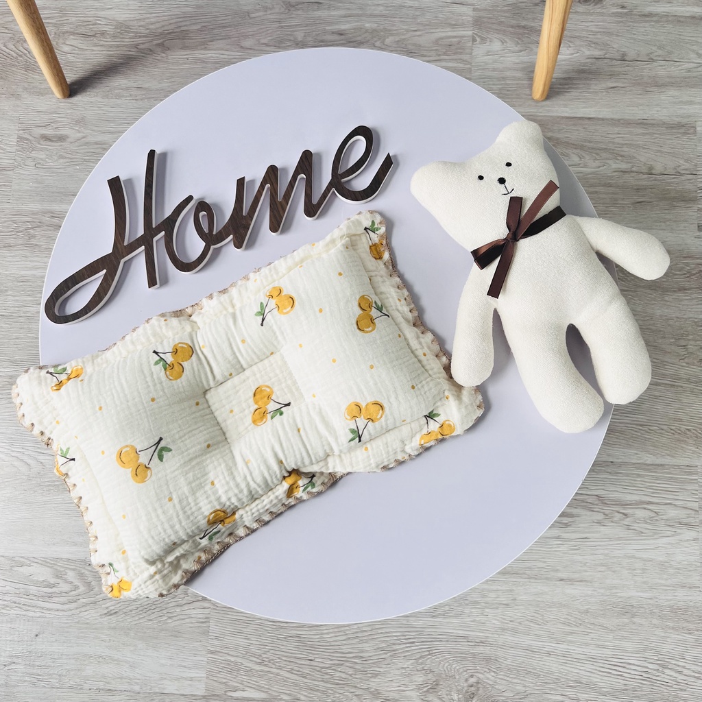 Gối Lõm Bebezoo, Gối Lõm Trái tim, Gối Lõm Thêu Xuất Hàn, Gối Bông Mềm Chống Méo Đầu Cho Bé Chất Vải Xô Muslin Mềm Mại