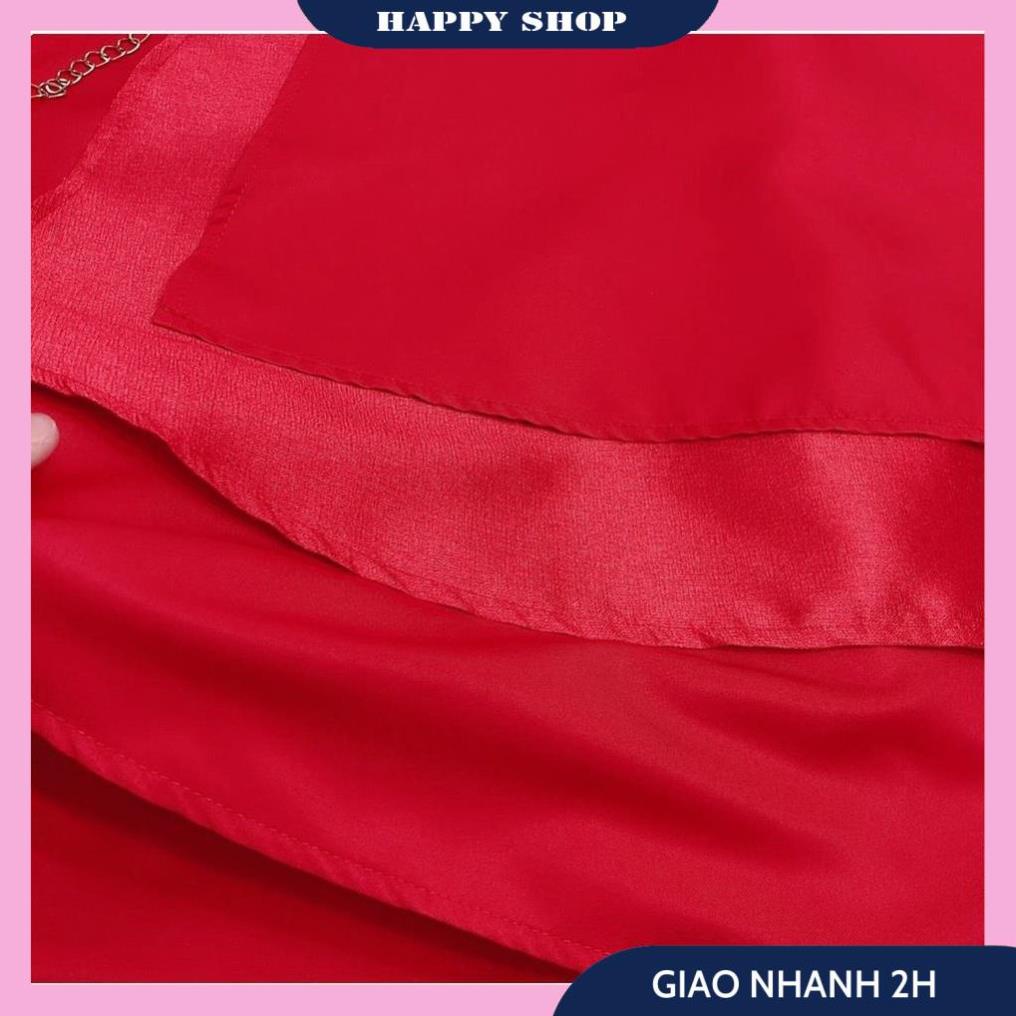 Váy Cổ Tàu Đỏ, Đầm Nữ Tay Bồng Ngắn Thắt Nơ Dáng Xòe Tầng Đính Logo Hoa Nổi Chất Taffta Cao Cấp, Váy Tết Cách Tân Siêu X