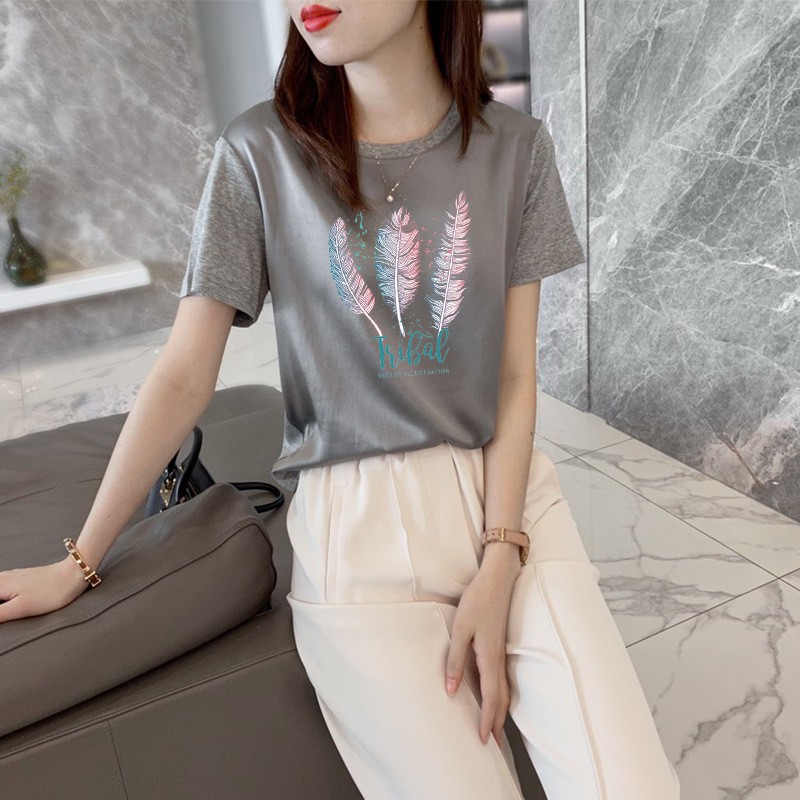 Áo Phông Lụa Nữ Cổ Tròn Ngắn Tay Công Sở Siêu Mát Mềm Mịn Họa Tiết Xinh