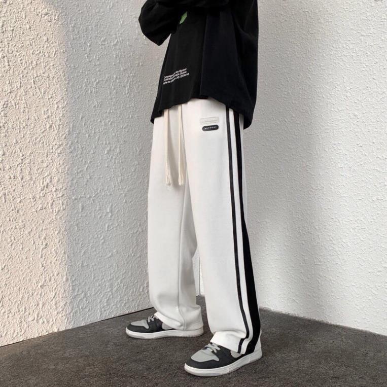 Quần Ống Rộng Kẻ Sườn Vạch Sọc Nam Nữ Dáng Rộng Unisex Thêu Logo Kiểu Dáng Hàn Quốc