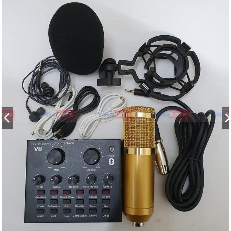 Combo bộ mic thu âm livestream Micro BM900, Sound card V8, Chân kẹp mic hát karaoke, bông lọc đầy đủ hát