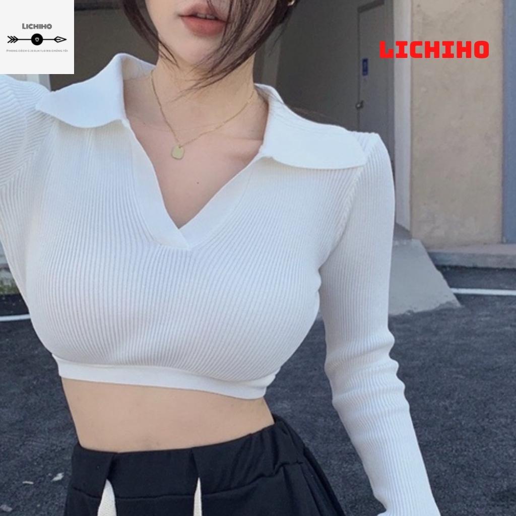 Áo croptop nữ cổ tim nơ lưng tay dài CT11 LICHIHO áo thun nữ quyến rủ | BigBuy360 - bigbuy360.vn