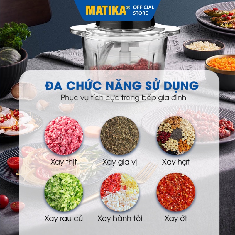 [Mã BMBAU300 giảm 10% đơn 499K] Máy Xay Thịt MATIKA 2L Cối Thủy Tinh MTK3220