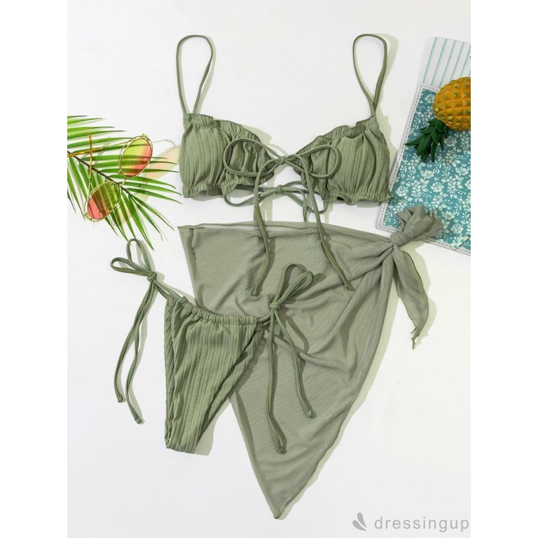 Dre-bộ Đồ Bơi Màu Trơn Xẻ Tà (Bộ Bikini Với Diềm Xếp Nếp + Quần + Áo Che Phủ Mesh)