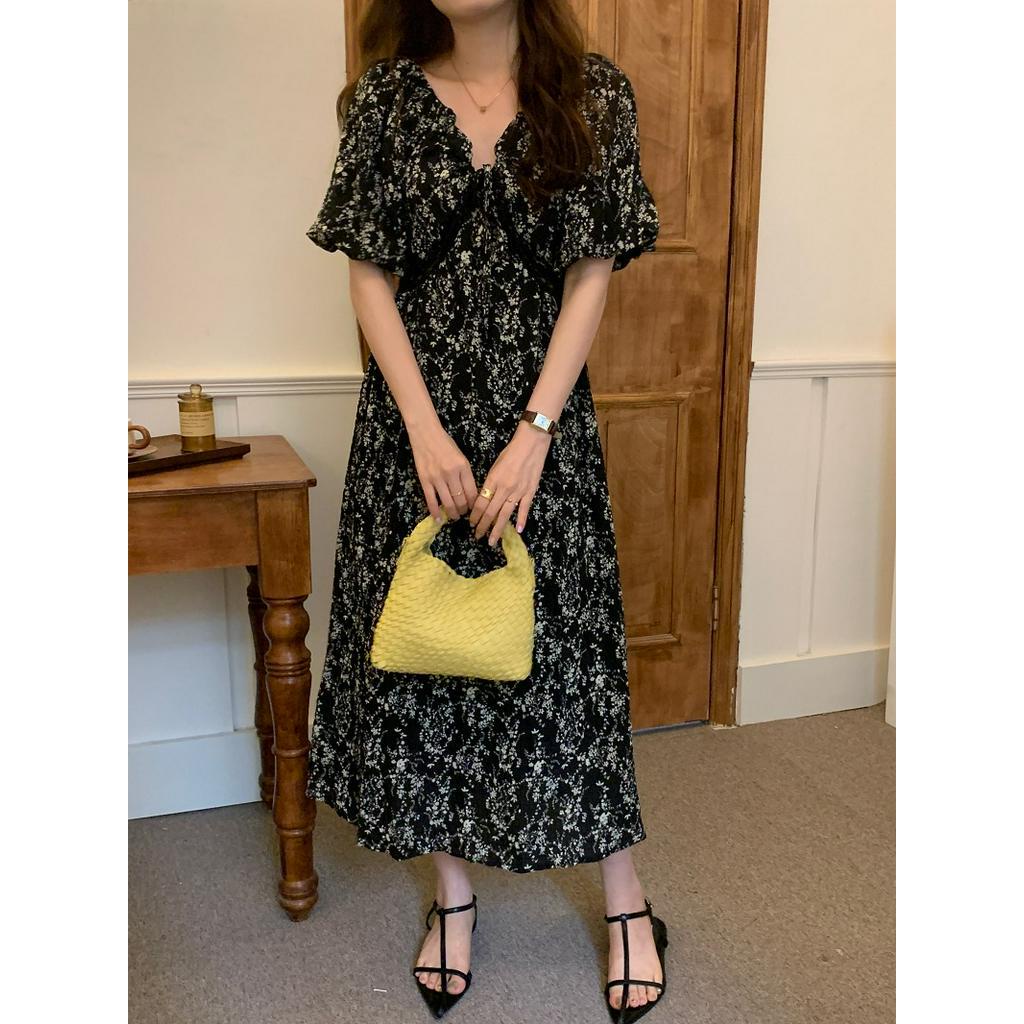 Đầm Tay Phồng Cổ Chữ v Phối Ren Và Dây Rút Phong Cách Pháp 62596