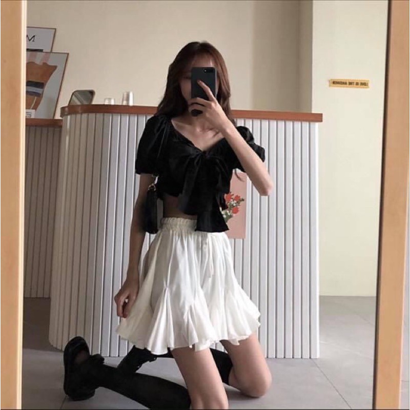 Set áo nơ ngực croptop tay ngắn kèm chân váy peplum xếp ly voan trắng suông - Order taobao quảng châu