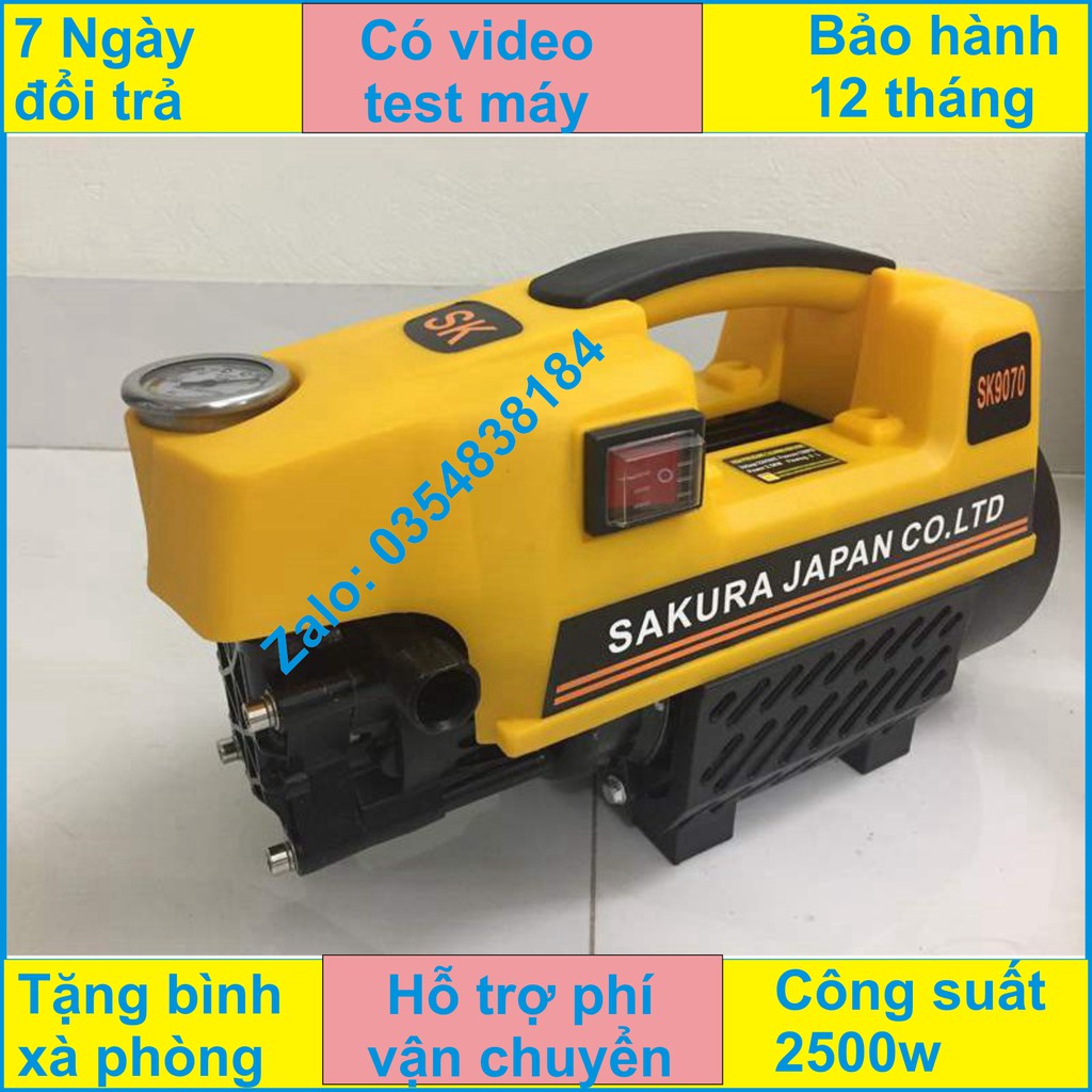 Máy rửa xe Nhật Bản sakura-2500W-lõi đồng-tặng bình tạo bọt, Dây áp lực 15m