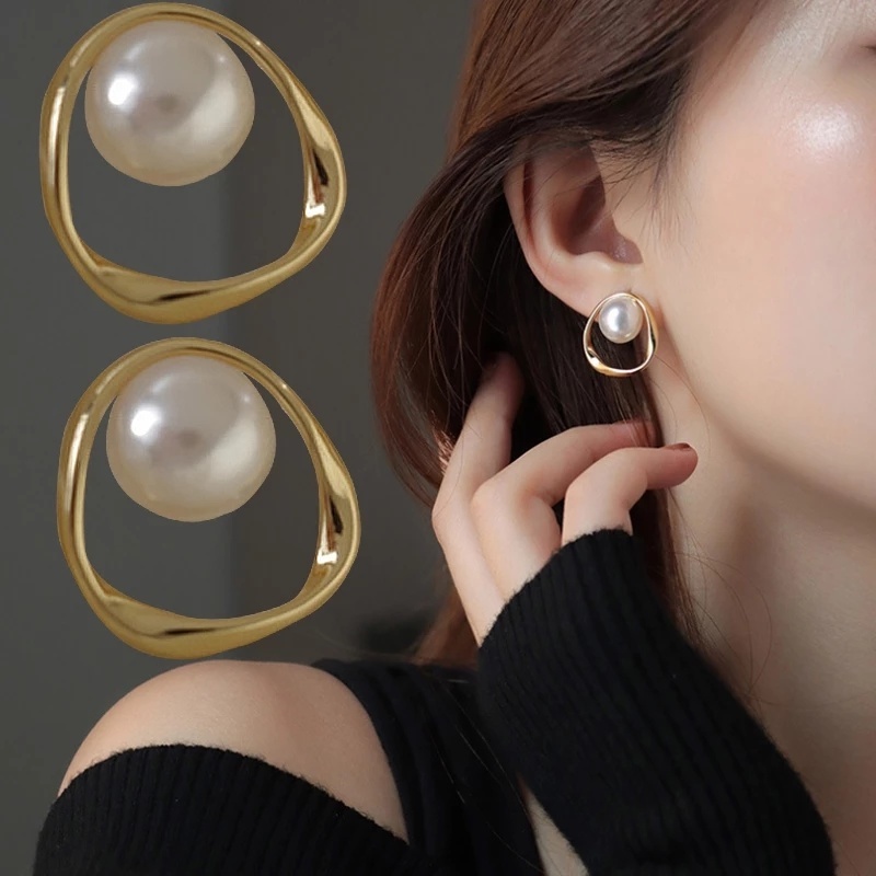 1 Đôi Bông Tai Hình Học Đính Ngọc Trai Nhân Tạo Sang Trọng Thời Trang Dành Cho Nữ