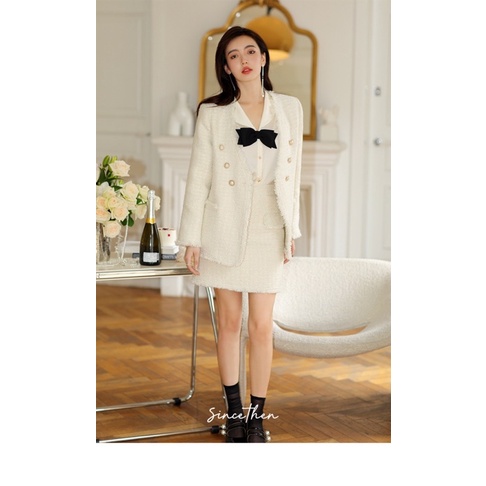 Áo khoác vải tweed màu trắng cao cấp