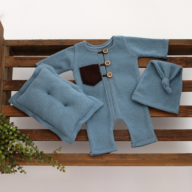 Bộ 3 Món Gồm Áo Liền Quần Bằng Cotton Thắt Nút Kèm Gối Và Mũ Làm Đạo Cụ Chụp Ảnh Cho Bé Trai