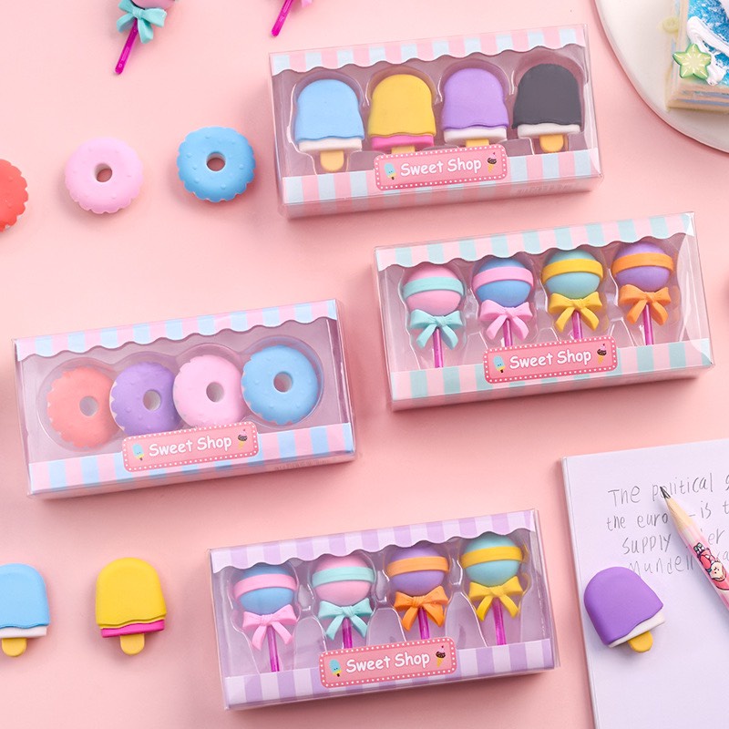 Set 4 Gôm Tẩy 3D Hình Bánh Donut Kem Kẹo Mút Dễ Thương Xinh Xắn Cục Tẩy Họa Tiết Cute Giá Rẻ Học Sinh VP5