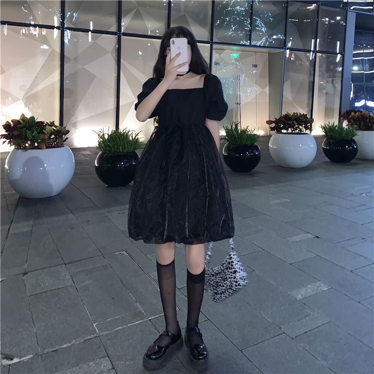 COZOK Đầm Tay Phồng Ngắn Cổ Vuông Phối Lưới Thời Trang Hàn Quốc Xinh Xắn Cho Nữ