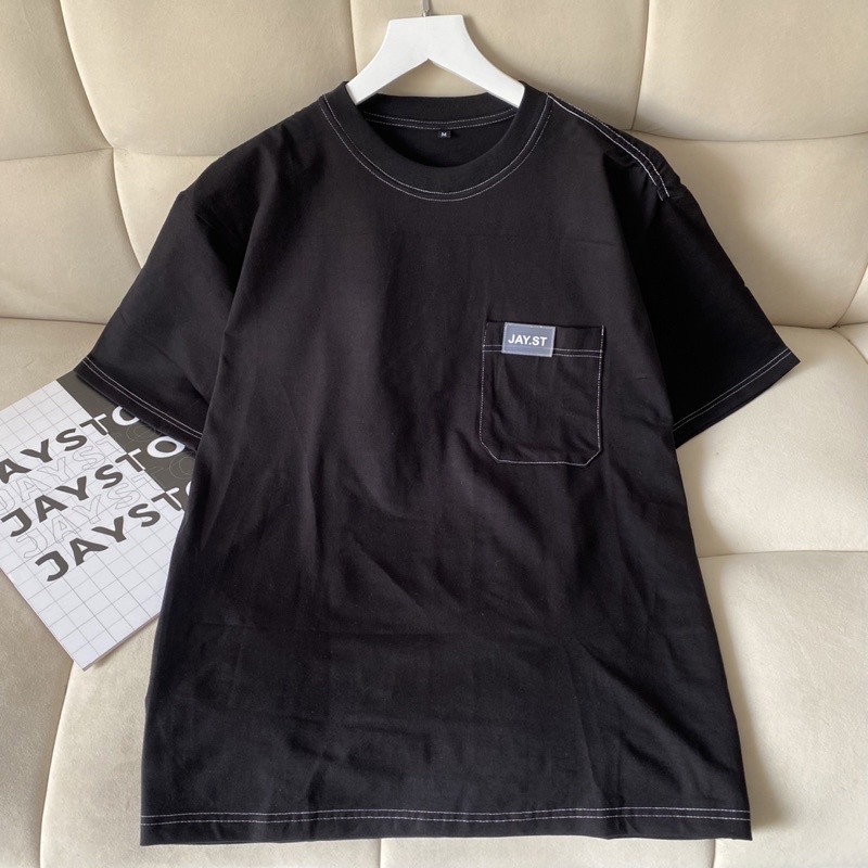 Áo Thun Tay Lỡ JAY TEE Unisex Thêu Chỉ Nổi màu ĐEN  /Nam nữ unisex/ Áo phông cổ tròn form rộng Jaystoree