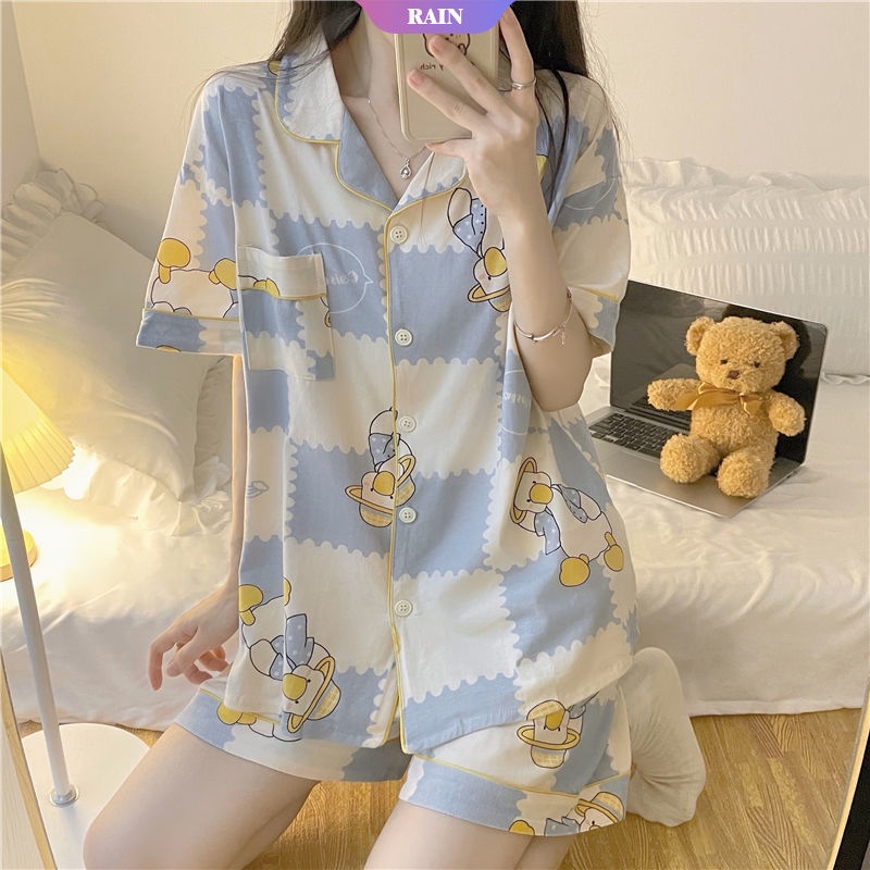 Bộ Đồ Ngủ Ngắn Tay Dáng Rộng In Họa Tiết Vịt Hoạt Hình Phối Nút Đáng Yêu Cho Nữ