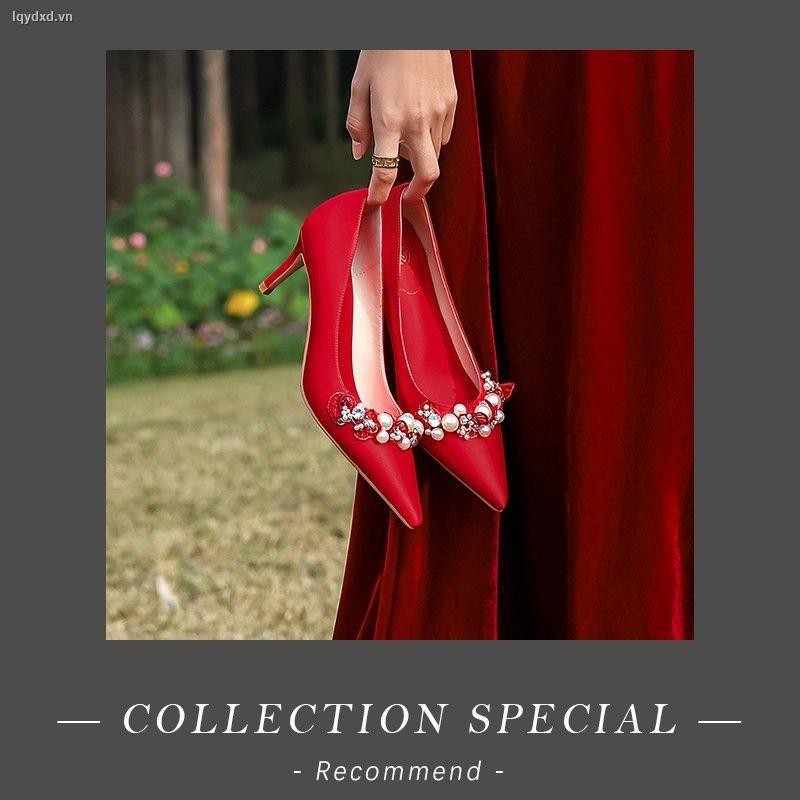 ☄High heels women 2020 new pointed toe stiletto single shoes white French wedding light mouth red bridesmaid