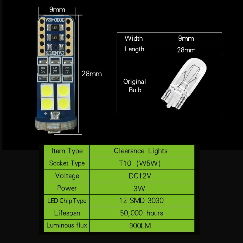 CAMRY FORTUNER Bộ 10 Đèn Led W5w T10 12v 3030 12 Bóng Ánh Sáng Trắng Cho Toyota Vios Altis Rush Hilux Corolla Chr Auris Yaris Rav4 Avensis T25 Landr 100 Fj