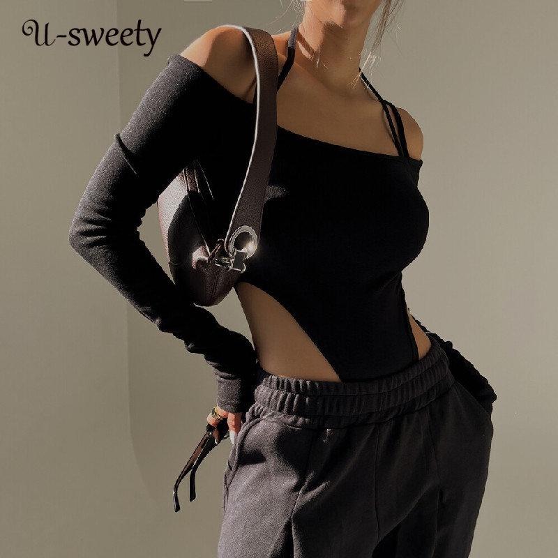 Bodysuit Tay Dài Hở Vai Màu Sắc Thanh Lịch Cho Nữ