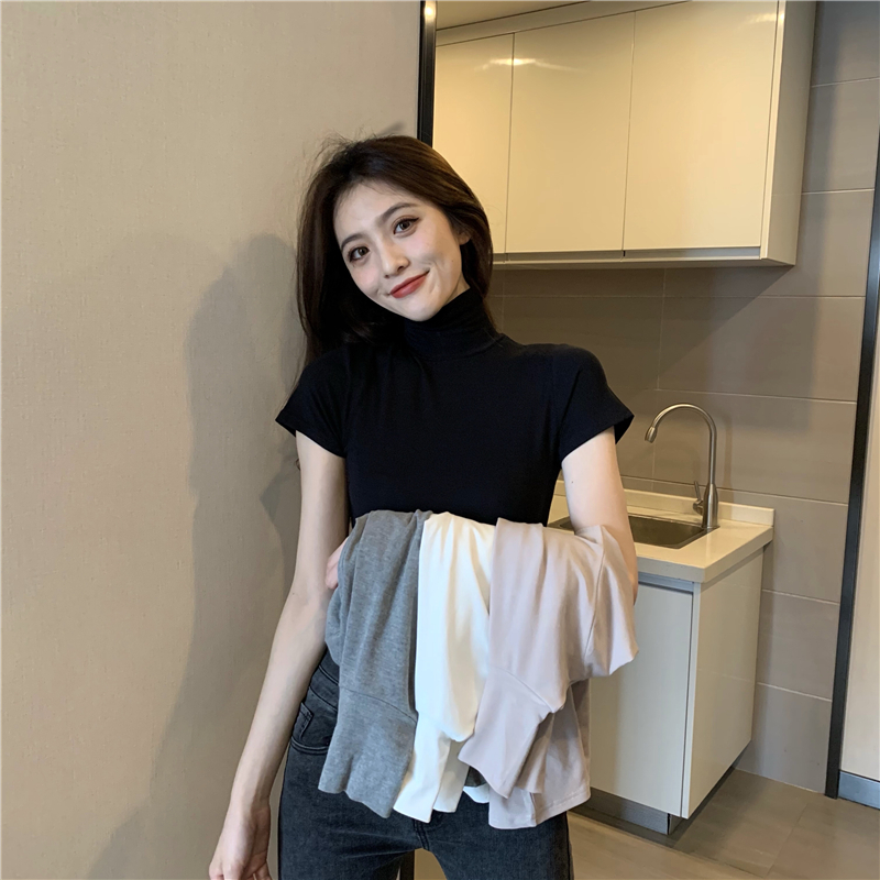 SUXI Áo Thun Nữ Tay Ngắn Cổ Cao Ôm Dáng Phong Cách Hàn Quốc