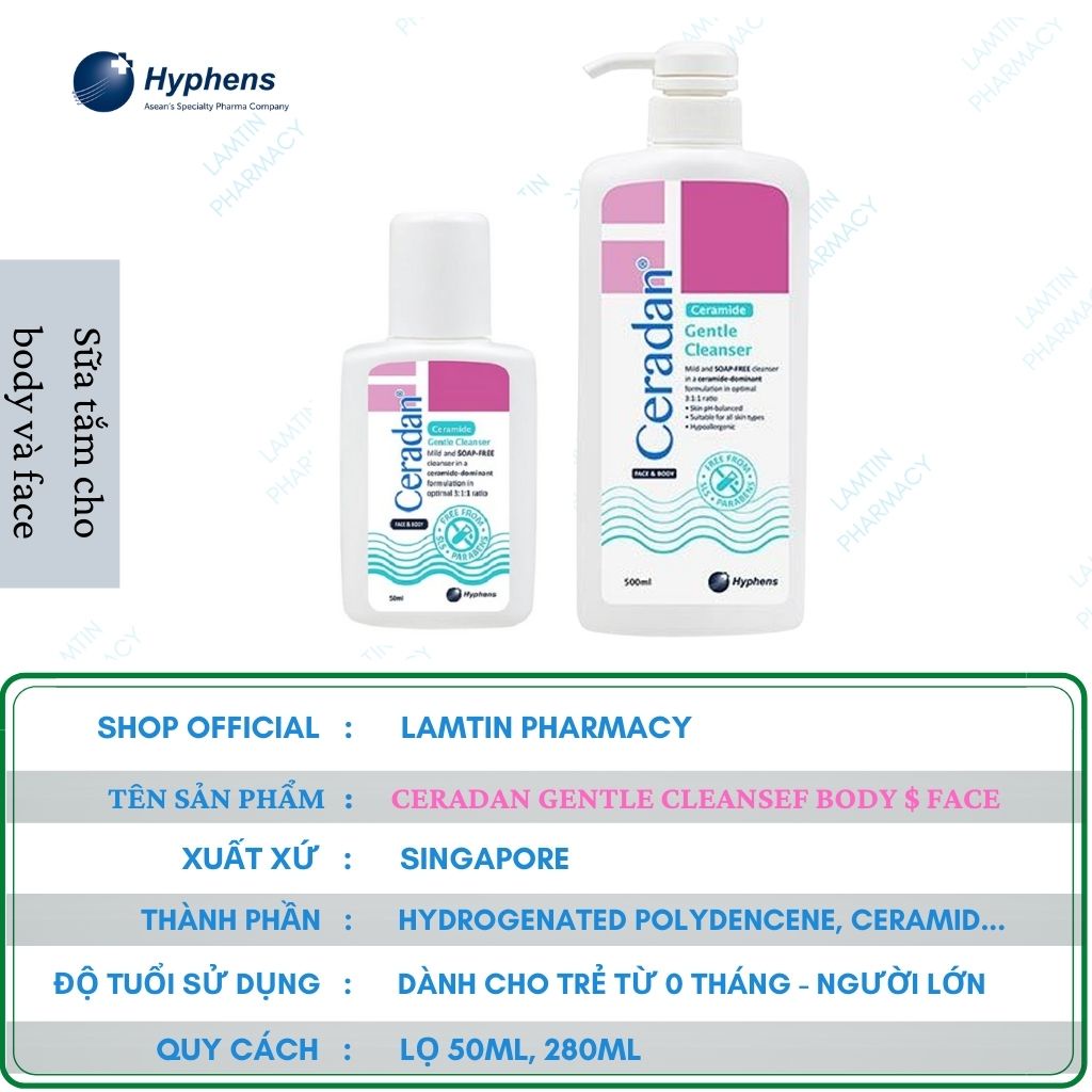 Ceradan Gentle Cleanser Sữa rửa mặt, tắm Body cho da nhạy cảm,khô, cơ địa địa cho trẻ em Từ 0+, người lớn Lọ 50ml, 500ml