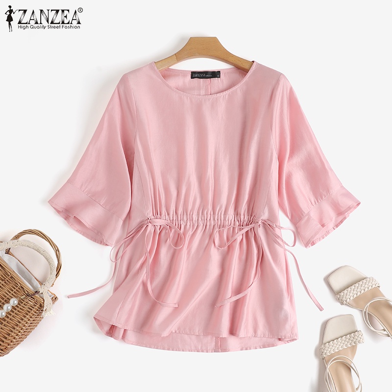 Áo kiểu ZANZEA thiết kế cổ tròn dáng rộng tay lửng phối dây rút thời trang cho nữ