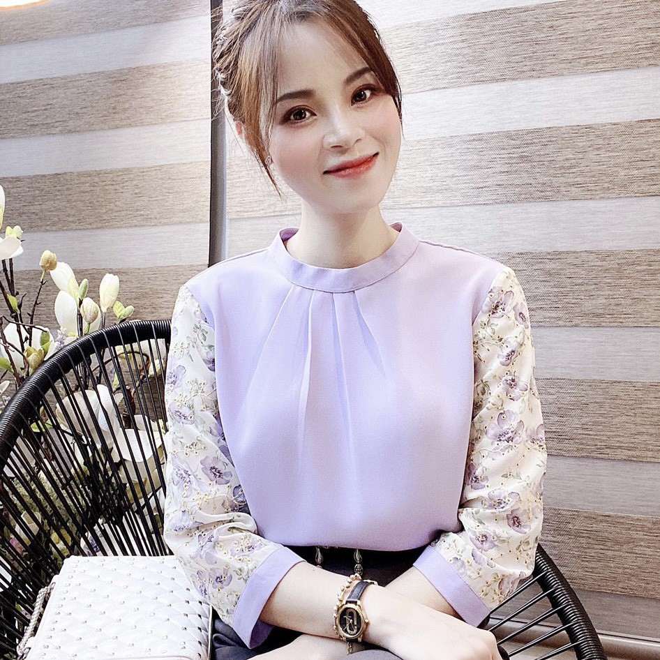 Áo công sở nữ chất mát mịn chiffon mầu be nữ tính, thanh lịch, áo kiểu nữ công sở cổ trụ vải đẹp chất mát thời trang