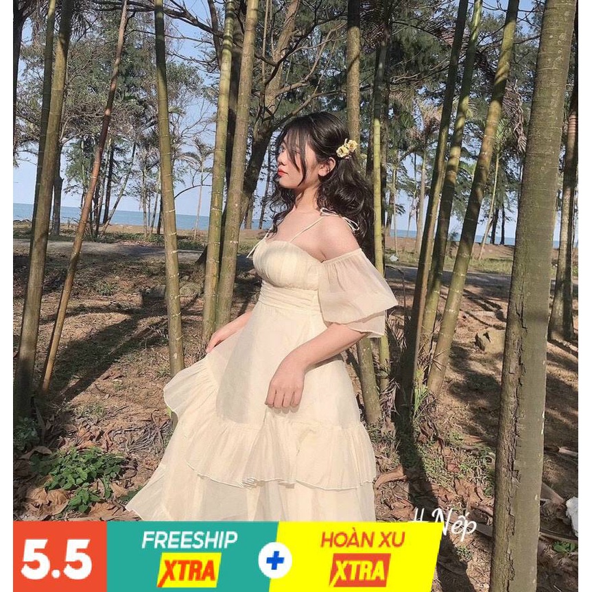 Đầm Nơ Cúp Ngực Viền Bèo Trễ Vai