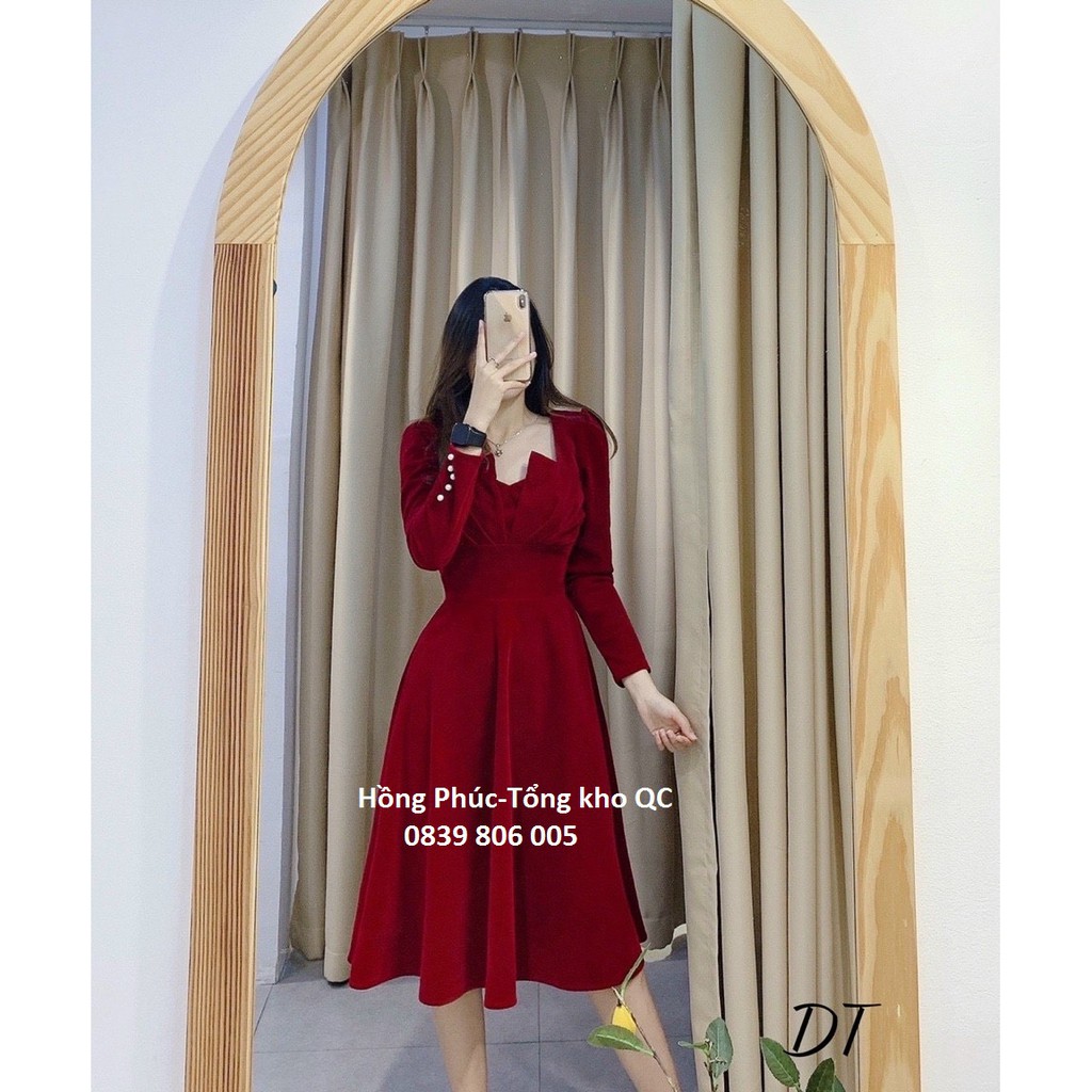 Váy nhung tiểu thư  tay đính ngọc hàng quảng châu cách điệu
