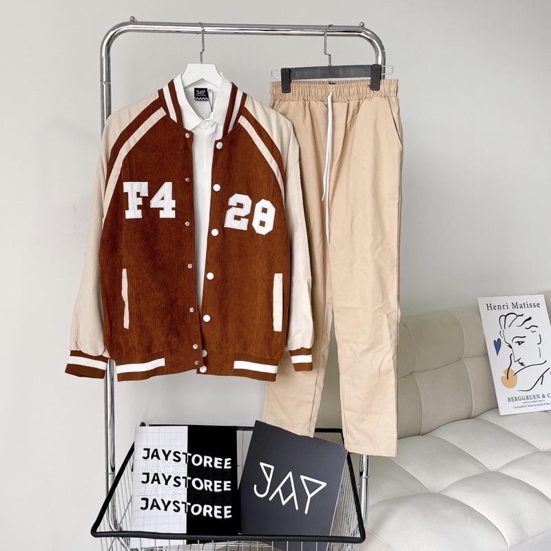 Áo Khoác Bomber F428 nhung gân 2 lớp màu ĐEN/XANH/NÂU/HỒNG✨chữ thêu tay phối 🧸 Jaystoree