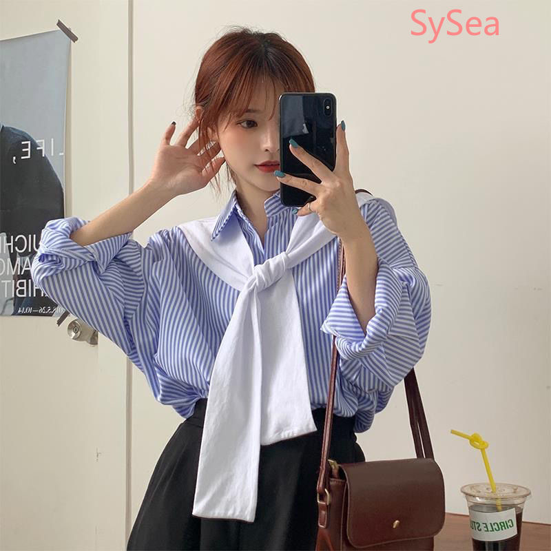 Áo sơ mi cổ đứng tay dài dáng rộng in kẻ sọc phong cách mùa hè cổ điển cho nữ