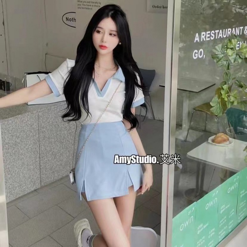 Quần váy Set Áo Sơ Mi polo Ngắn Tay Màu Sắc + Chân Váy Ôm Dáng Thời Trang Dành Cho Nữ